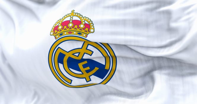Madrid, Spain, May 2022: Real Madrid Club de Futbol flag waving in the wind. Real Madrid C.F. is a Spanish professional football club based in Madrid. Illustrative editorial 3d illustration render