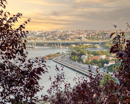 Istanbul city view from Pierre Loti Teleferik station overlooking Golden Horn, Eyup District, Istanbul, Turkey, before sunset
