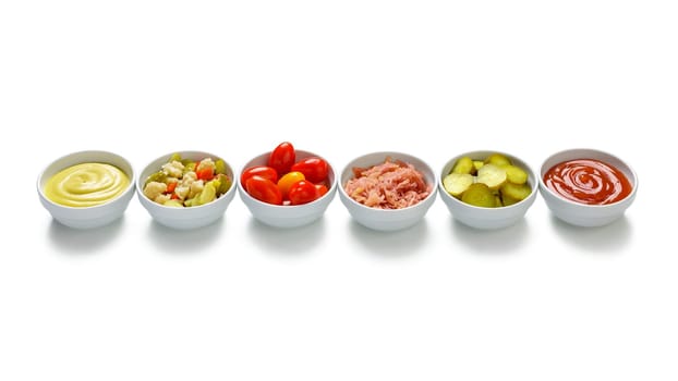 Row of vegetable bowls with cucumbers, ketchup, tomatoes, mustard, cauliflower, cabbage