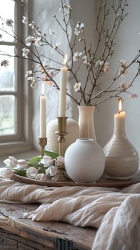 Soft natural light fills the room highlighting a serene spring arrangement with candles, vases, and blooming branches. Tulips complete the tranquil decor setting.
