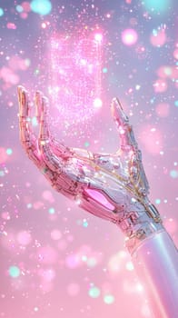A sleek robotic hand extends toward the viewer, generating sparkling pink and blue particles in a dreamy, colorful backdrop. The atmosphere evokes a sense of wonder and technology.
