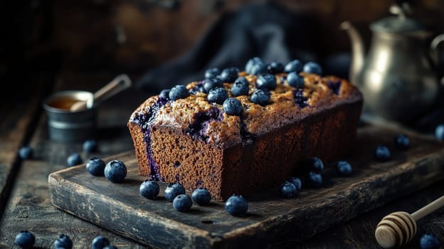 Soft blueberry loaf cake sits on a wooden cutting board, adorned with fresh blueberries and a jar of honey nearby, creating a rustic, inviting atmosphere.