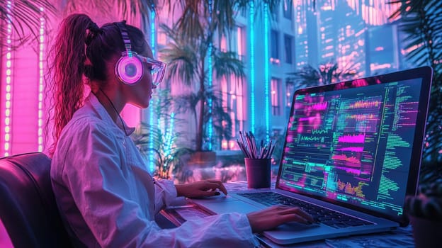 A young woman is seated at a desk, engaged in coding on a laptop while wearing headphones. Colorful neon lights create a futuristic atmosphere, surrounded by plants.