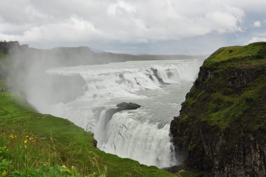 Aerial view of foamy Gullfoss Falls waterfall in the Hvita river in Iceland