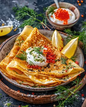 A plate of delicate crepes topped with sour cream, caviar, and fresh dill sits alongside lemon wedges on a rustic wooden table. The vibrant colors invite a culinary experience.