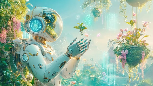 A humanoid robot stands in an ethereal garden, extending its hands towards a sprouting plant while surrounded by floating flowers and greenery.