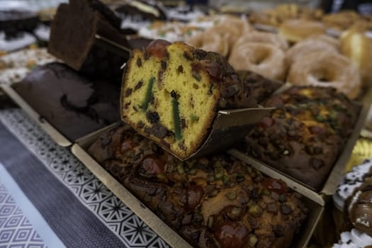 Detail of sugary sweet dessert, unhealthy food in a market