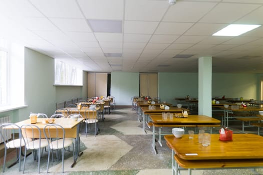 Chairs and tables. The dining hall is quarantined.