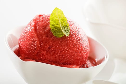 Fresh fruit sorbet in white bowl close up shoot