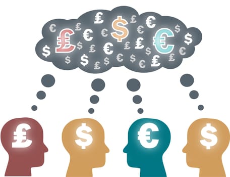 Think tank, heads thinking about different currencies, euros and libras and dollars. Vector.