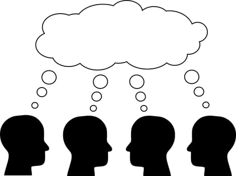 Think tank, several heads thinking about the same through the bubble. Vector.