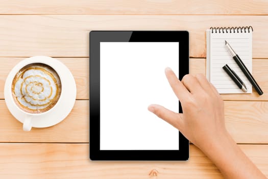 closeup hand using tablet white screen display