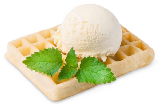 Waffle with vanilla ice cream and a leaf exposed