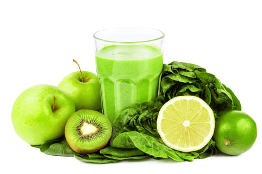 Green smoothie with fruit and vegetables on a white background