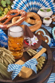 All typical Bavarian dishes in one picture. Pretzels,gingerbread,white sausage,obazda and beer.