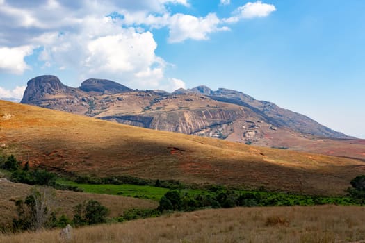 Andringitra national park, Haute Matsiatra region, Madagascar, beautiful mountain landscape with river in valley. Hiking in Andringitra mountains. Sunny day. Madagascar wilderness mountain landscape.