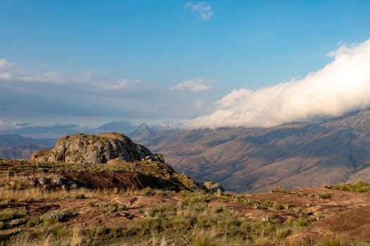 Andringitra national park, Haute Matsiatra region, Madagascar, beautiful mountain landscape with river in valley. Hiking in Andringitra mountains. Sunny day. Madagascar wilderness mountain landscape.