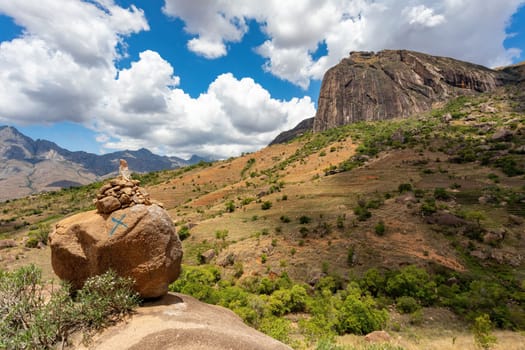 Andringitra national park, Haute Matsiatra region, Madagascar, beautiful mountain landscape with river in valley. Hiking in Andringitra mountains. Sunny day. Madagascar wilderness mountain landscape.