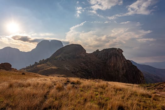 Andringitra national park, Haute Matsiatra region, Madagascar, beautiful mountain landscape with river in valley. Hiking in Andringitra mountains. Sunny day. Madagascar wilderness mountain landscape.