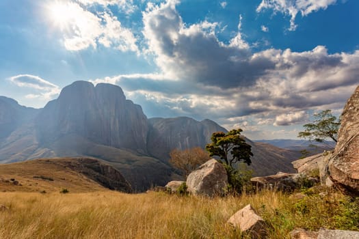 Andringitra national park, Haute Matsiatra region, Madagascar, beautiful mountain landscape with river in valley. Hiking in Andringitra mountains. Sunny day. Madagascar wilderness mountain landscape.