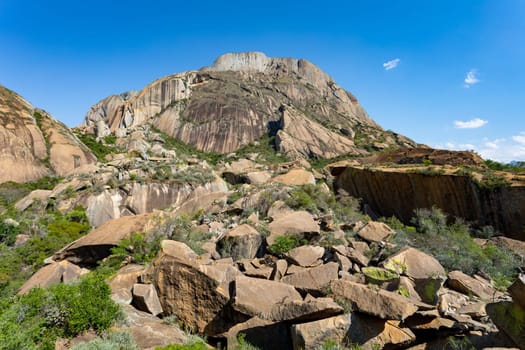 Stunning mountain landscape in the Anja Community Reserve, Madagascar, with vibrant flora and fauna. Nature, travel, adventure, outdoors, hiking, biodiversity. Madagascar wilderness mountain landscape