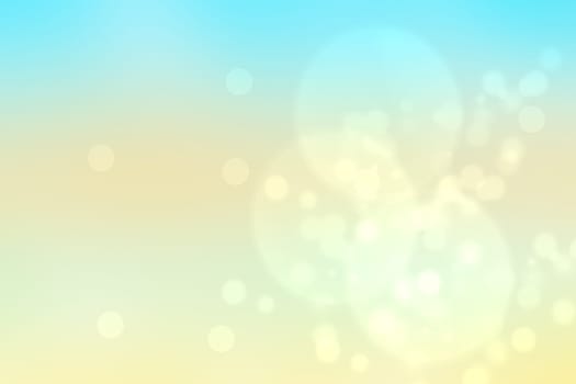 Abstract blurred fresh vivid spring summer light delicate blue yellow white bokeh background texture with bright circular soft color lights. Beautiful backdrop illustration. Space.
