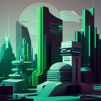 Futuristic cityscape with sleek, metallic buildings and high-tech gadgets in the foreground . AI Generative