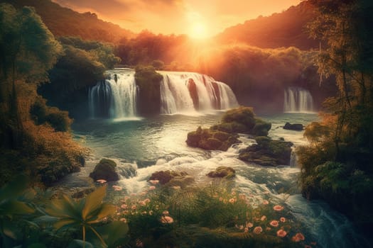Fantasy landscape with waterfalls, flowers and tropical plants on foreground, at sunset. Generative AI