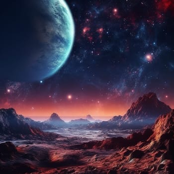 Fantasy planet with surface on foreground, mountains and night sky with stars and planets on background . AI Generative