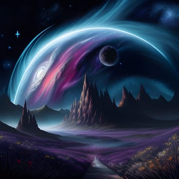 Fantasy planet with surface on foreground, mountains and night sky with stars and planets on background . AI Generative