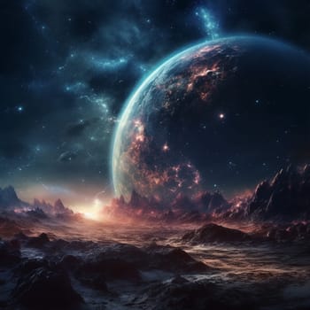 Fantasy planet with surface on foreground, mountains and night sky with stars and planets on background . AI Generative
