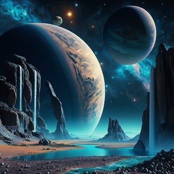 Fantasy planet with river and waterfalls on foreground, night sky with stars and planets on background . AI Generative