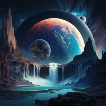 Fantasy planet with river and waterfalls on foreground, night sky with stars and planets on background . AI Generative