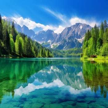 The crystal-clear water of the lake reflects the blue sky above, surrounded by lush greenery and mountains . Generative AI