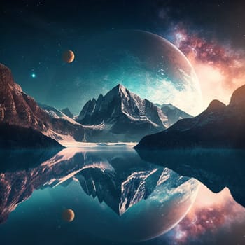 Fantasy planet with lake on foreground, mountains and night sky with stars and planets on background . AI Generative