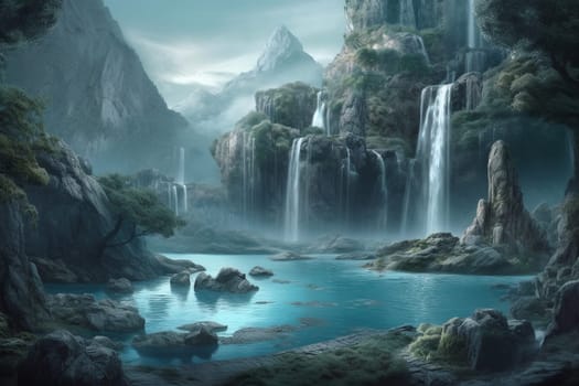 Fantasy landscape with waterfalls surraunded roacks at sunset. Generative AI