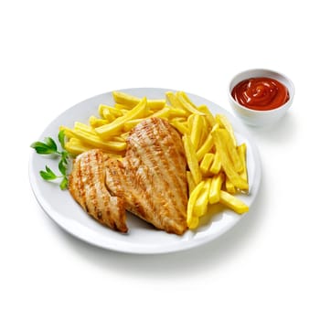Grilled meat and french fries on white plate with ketchup bowl