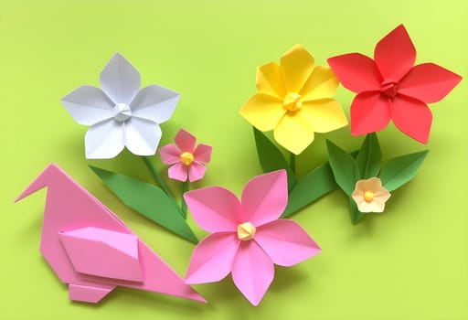 spring flowers bird origami paper color illustration 3d render summer day card generated AI alt beautiful