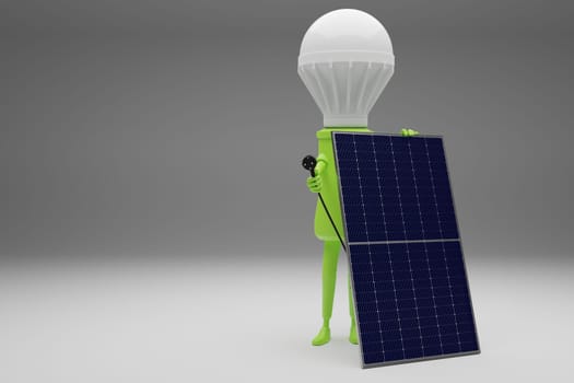 A light bulb with a Solar generator ready to plug in on a grey background, alternative energy concept, 3d rendering
