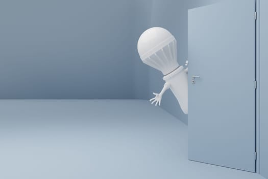 A led bulb stands in a doorway with a waving hand, energy saving concept, space for text, 3d rendering