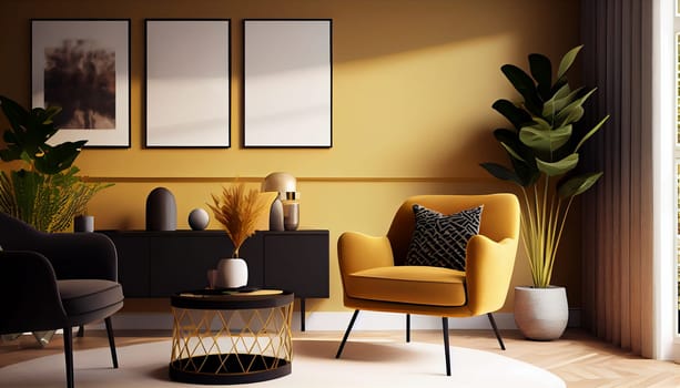 Modern interior design yellow armchair sofa in living room with and mock up poster frame in wall at home, lifestyle living room design, empty nobody, 3D render by Generative AI