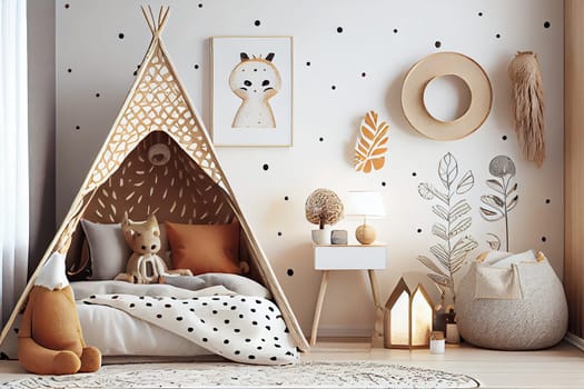 Cozy kids room with tent, Creative playroom interior decorated for child play, Montessori interior, room design, playroom, Generative AI