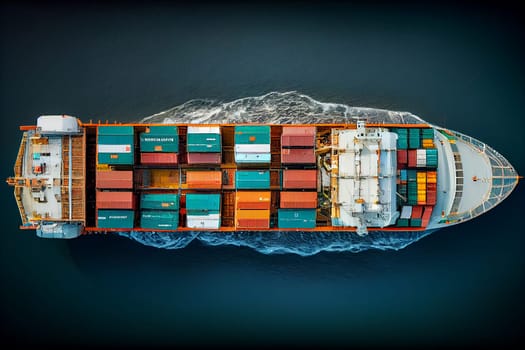 Aerial top view container cargo ship with contrail in the ocean ship carrying container import export business commercial trade logistic and transportation, Generative AI