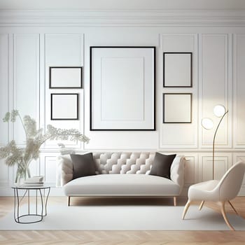 Modern interior design cozy with armchair sofa in living room with and mock up poster frame in white wall at home, lifestyle living room design, empty nobody, 3D render illustration by Generative AI