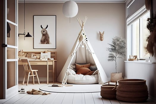 Scandinavian interior design of playroom with wooden cabinet, armchairs, Spacious child room with window, play tent, sack chair, poster mockup, Generative AI