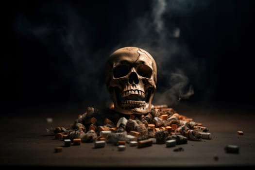 An illustration of a skull surrounded by smoke and cigarettes, reminding us of the dangers of smoking and the importance of quitting. Health and addiction concept. AI Generative