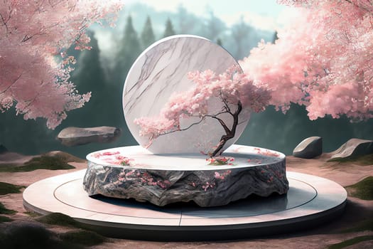 Cylinder podiums mockup with branch of gentle sakura flowers for geometric modern style for japanese style presentation cosmetic products, Generative AI