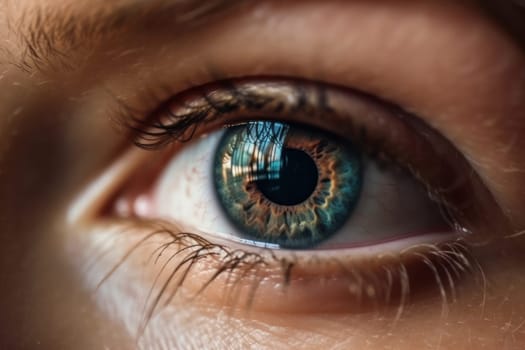 Stunning close-up of a woman's eye in beautiful blue color. Macro view of the pupil and iris with focus on the optical anatomy. Perfect for ophthalmology and beauty photography. AI Generative.