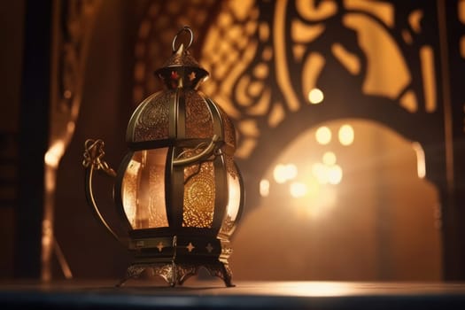 An antique Lantern with a candle inside adds a handmade and artisanal feel to the old-fashioned illuminated tabletop, perfect for a cabin or lodge in the countryside. Ai Generative