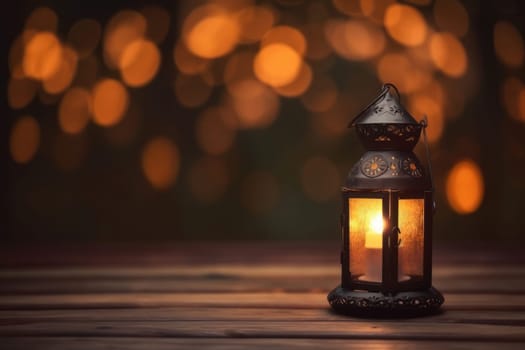 A beautifully lit outdoor party with lanterns and candles sets the scene for a festive evening celebration of the Muslim holiday of Ramadan Kareem. Ai Generative